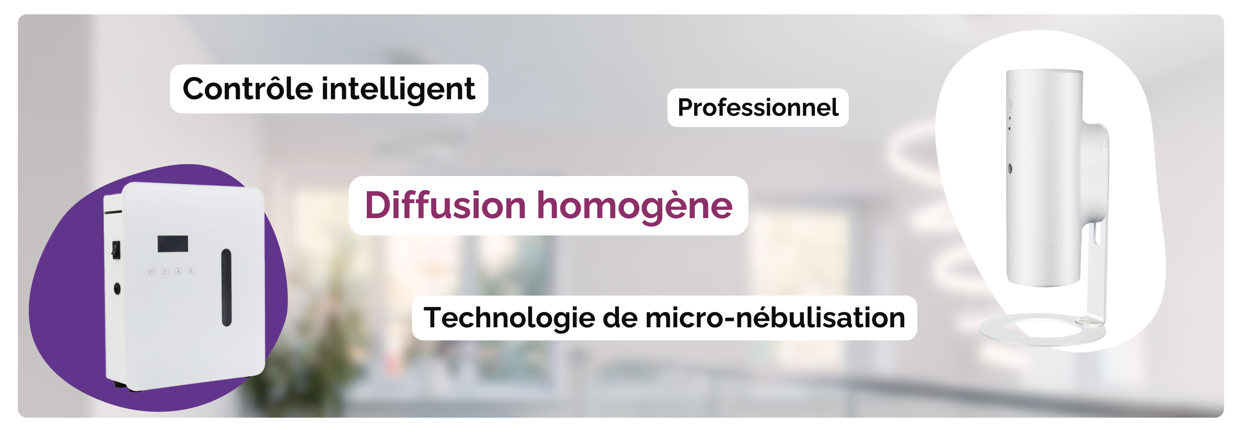 Contrôle intelligent, professionnel, diffusion homogène, technologie de micro-nébulisation avec des images de modèles de diffuseurs Tiny 1 et Medium 1